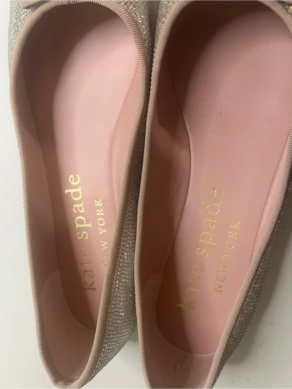 Kate Spade Leather Clover Pave Beige Gold Glitter Bow Ballet Flats Size 9.5B